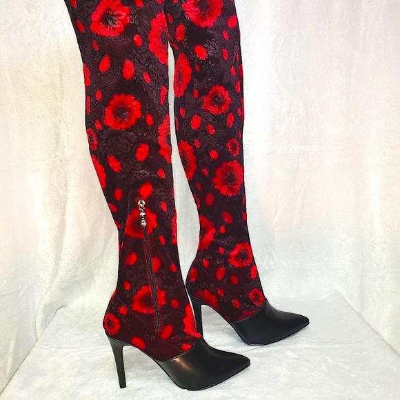 Mac J Black Cherry Stretch Velvet Red Floral OTK Stocking Boots 3.5" High Heel - Picture 2 of 15